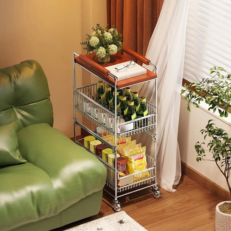 Retro style living room sofa side table removable stainless steel multi-layer storage car with wheels can be placed snacks book