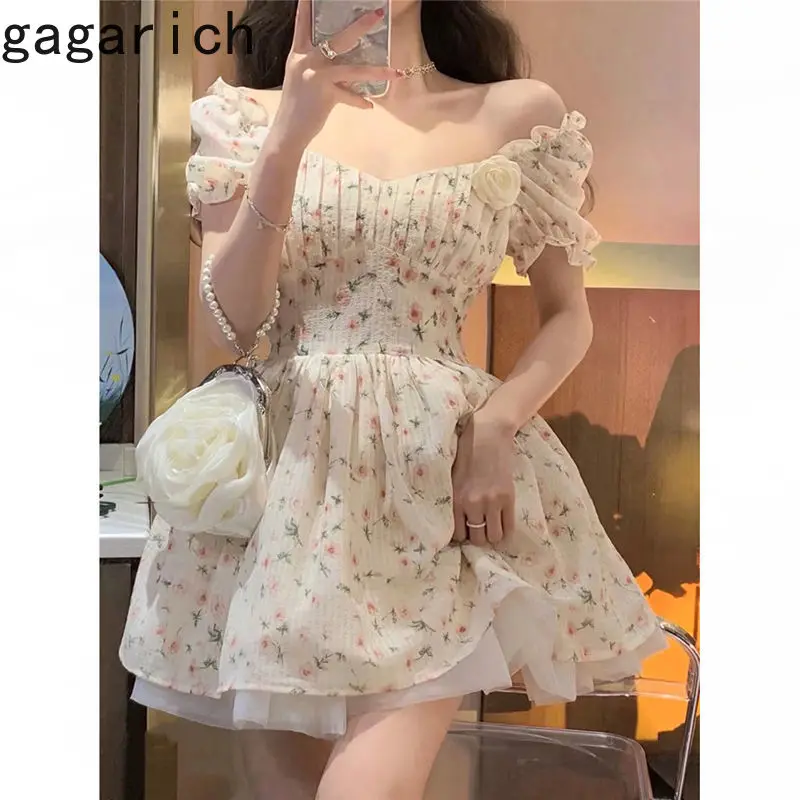 

Gagarich French Gentle Style High-end 2025 Summer Women Elegant Slim Temperament Sweet Design Sense Floral Waist Cinching Dress