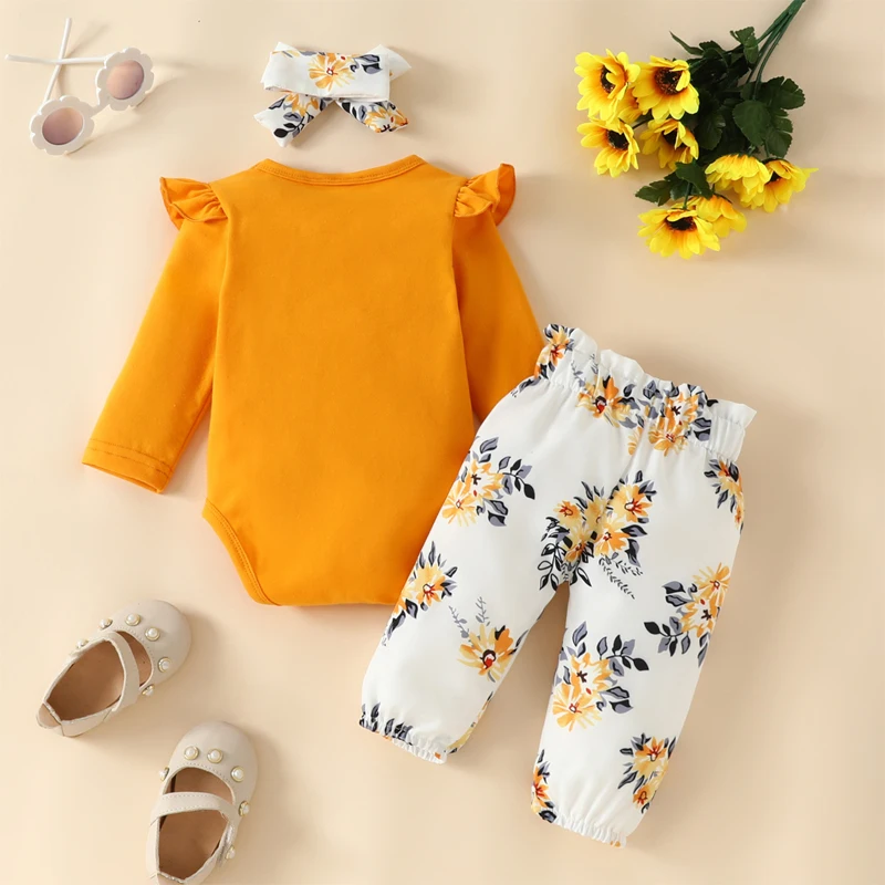 Infant Outfits 3-Piece Set Newborn Baby Girl Bodysuit Printed Bow Trousers with Hairband 0-18 Months Baby Clothing