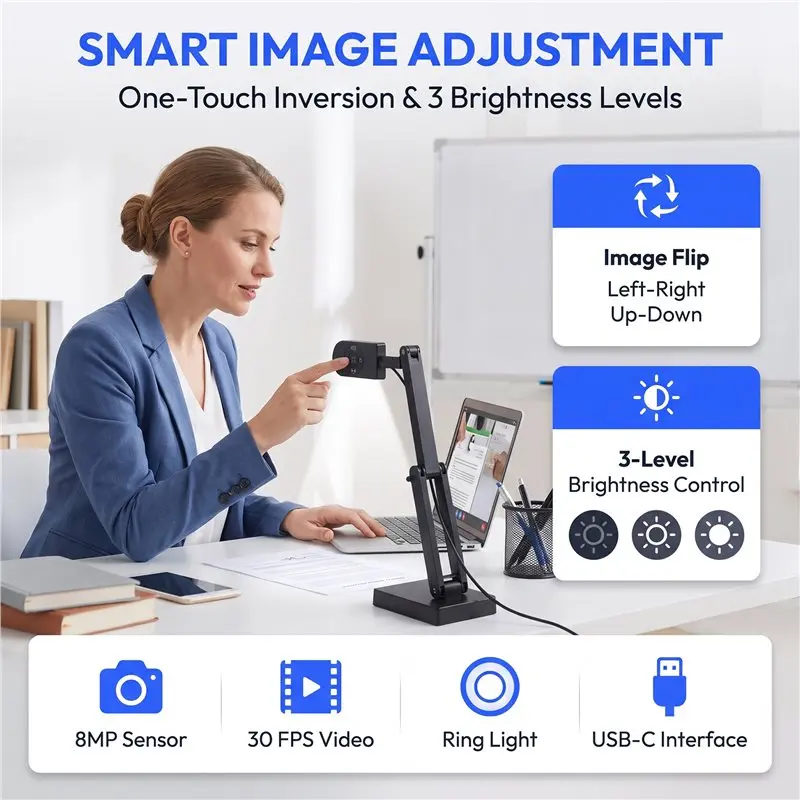 AY14 -4K USB Document Camera For Teacher, 8MP Visualiser A3 With Dual Microphones, 3-Level LED Light, Image Invert, Foldable