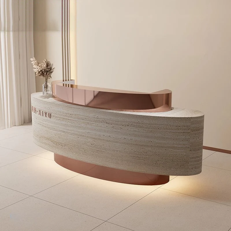 مكتب استقبال لصالونات التجميل بتصميم بيضاوي الشكل فاخر مع مكتب استقبال حديث من الفولاذ المقاوم للصدأ باللون الأسود والأبيض للمكتب #2