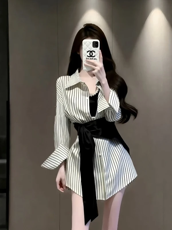 

Модная женская рубашка в полоску с длинным рукавом, с поясом на талии, с воротником, повседневный стиль, весна 2026, дышащая комфортная ткань