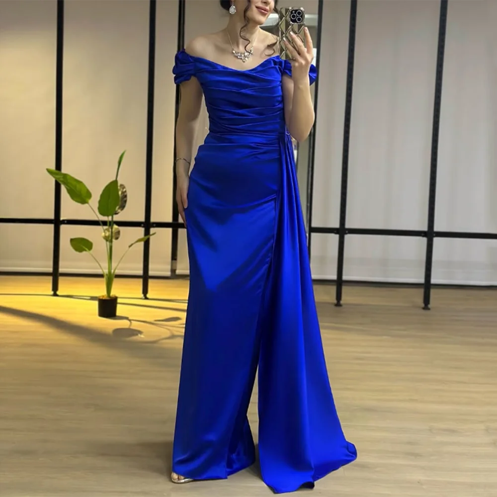 

Customized Blue V-neck Evening Dresses Straight Off The Shoulder Pleat Satin Prom Gown Modern Floor-Length Long Party Dress