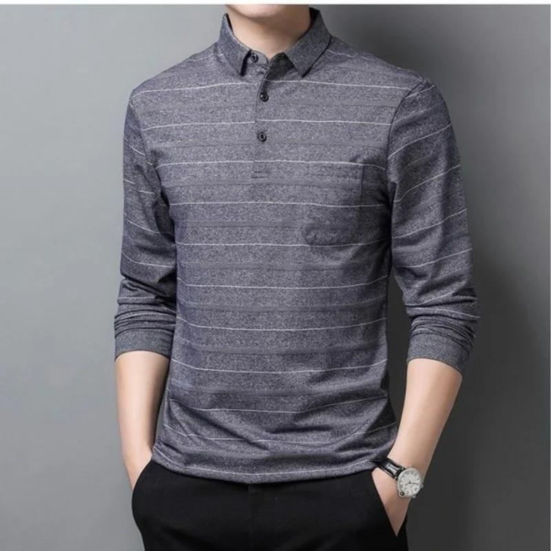 Fashion Men Clothing Long Sleeve Striped Polo Shirts Spring Autumn Business Casual Streetwear Korean New Loose Versatile Tops