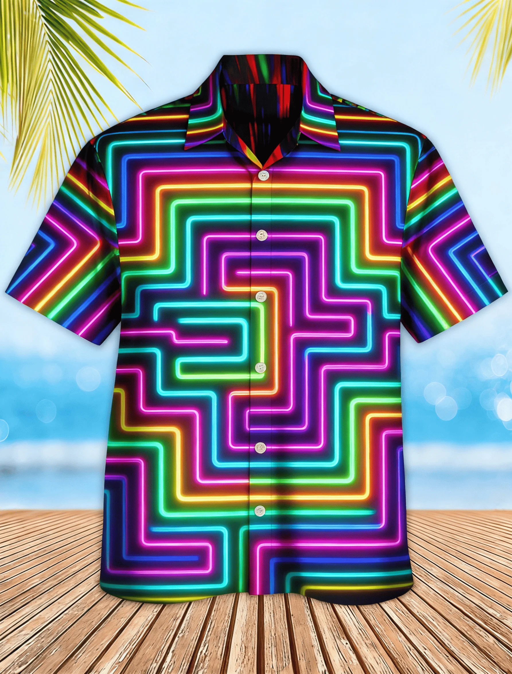 

Men's Neon Geometric Print Short Sleeve Shirt, Cyberpunk Style Button Down Shirt for Spring Summer Rave & Streetwea