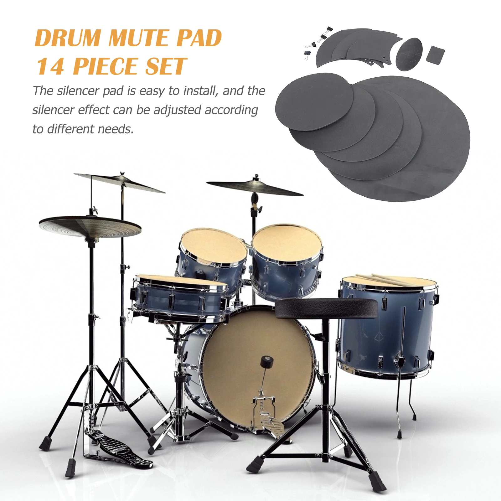 

14 Pcs Drum Mute Pads Set Black Silent Practice Mats 5 Drums 3 Cymbals Sponge Standard Thickness Adjustable Size Professional
