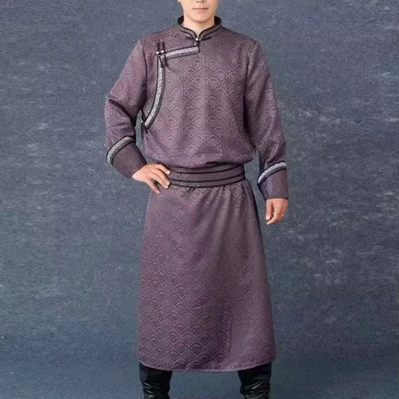 Men Mongolian Ethnic Robe Grassland Riding Traditional Costume Halloween Stage Show Long Gown
