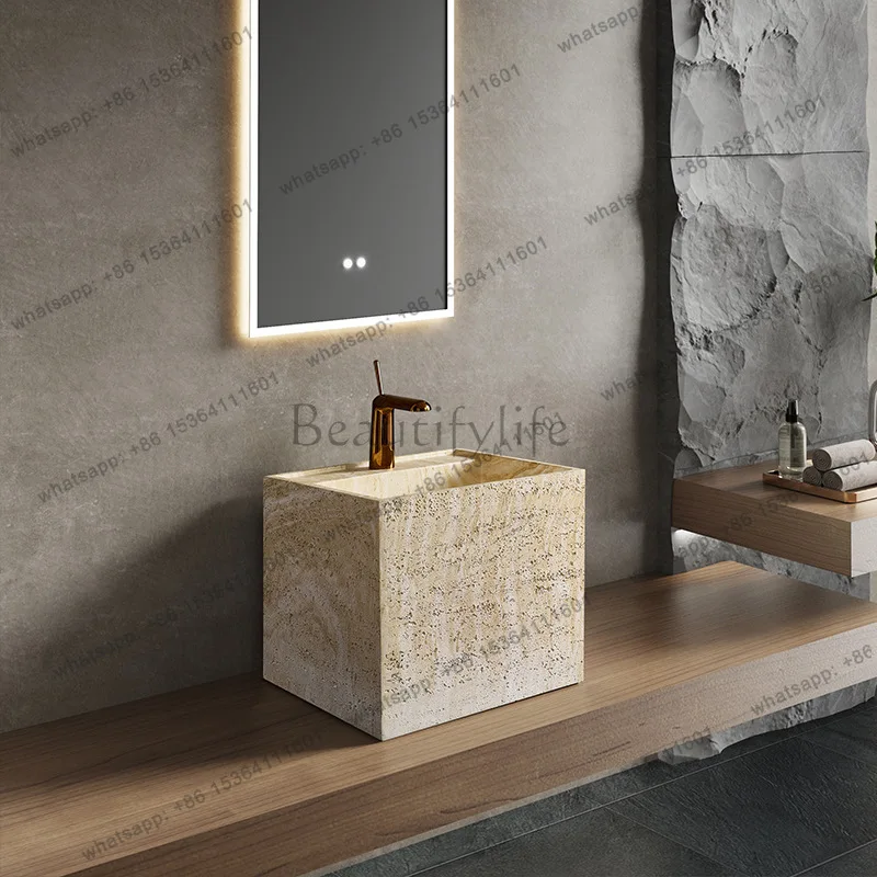 

Minimalist light luxury cave stone table hand washing basin hotel villa bed breakfast bathroom integrated molding table basin