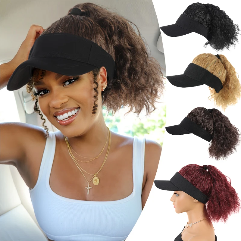 Synthetic 12 inch Women's Water Ripple Wig Cap Adjustable Black Baseball Cap Wig Suitable for Women's Daily Wear