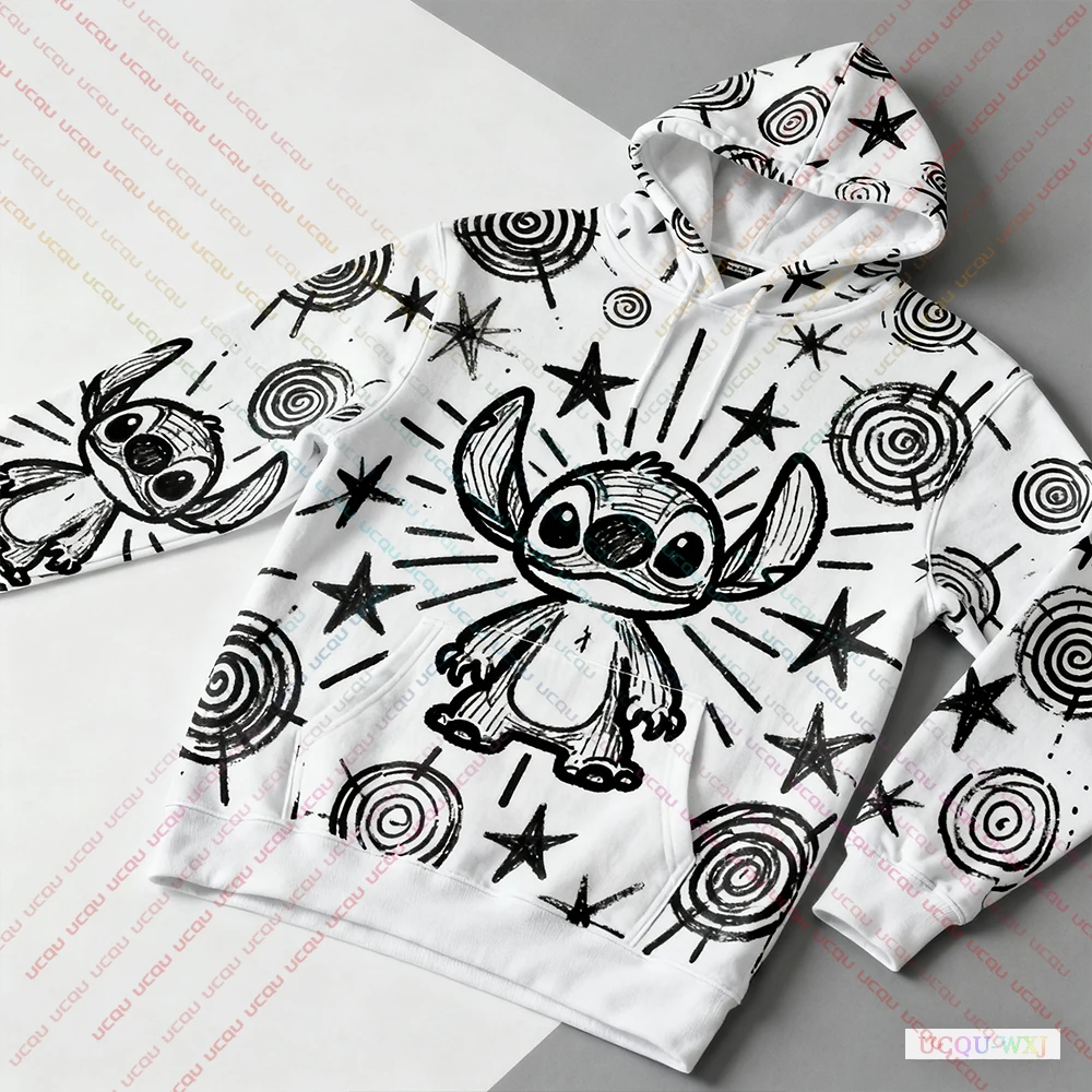 

Осень-зима 2022, толстовка с капюшоном больших размеров, теплая и удобная модная толстовка с рисунком граффити Disney Stitch