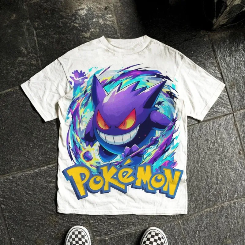 

Хлопковая футболка с рисунком Pokémon Gengar, аниме-принт, унисекс, с короткими рукавами, большой яркий дизайн, стильная летняя повседневная одежда