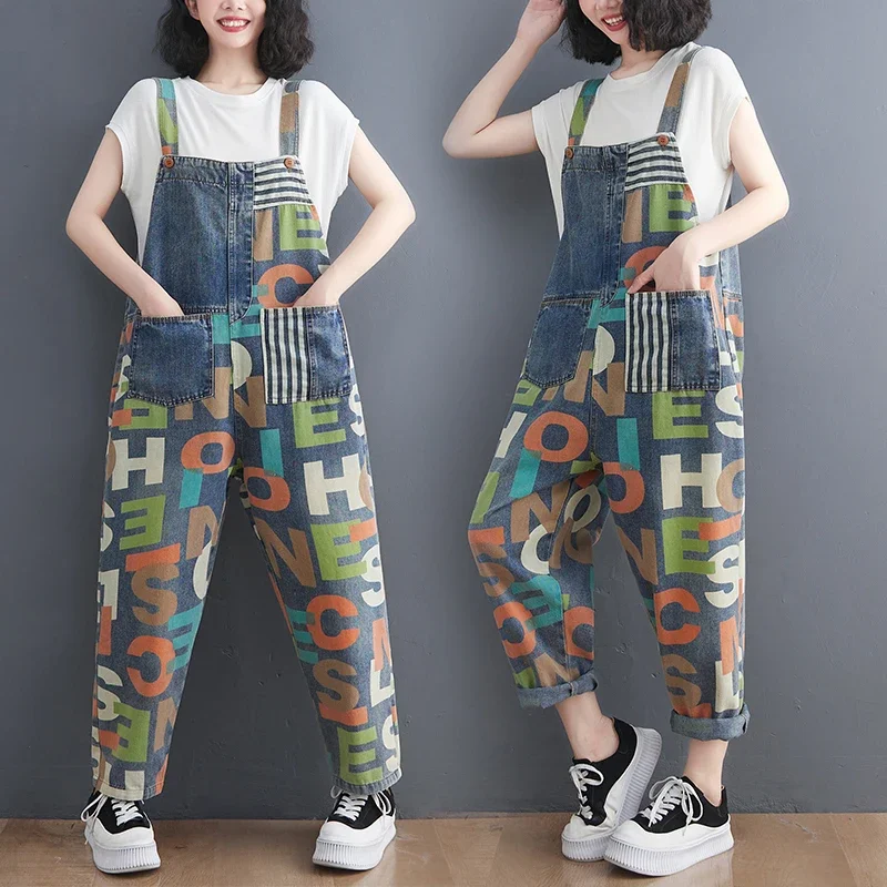 Wiosna Lato Moda Kobiety Vintage Kolorowy Litera Nadruk Luźny Casual Szelki Kobiety Baggy Denim Spodnie Kieszenie Kombinezony Dżinsy