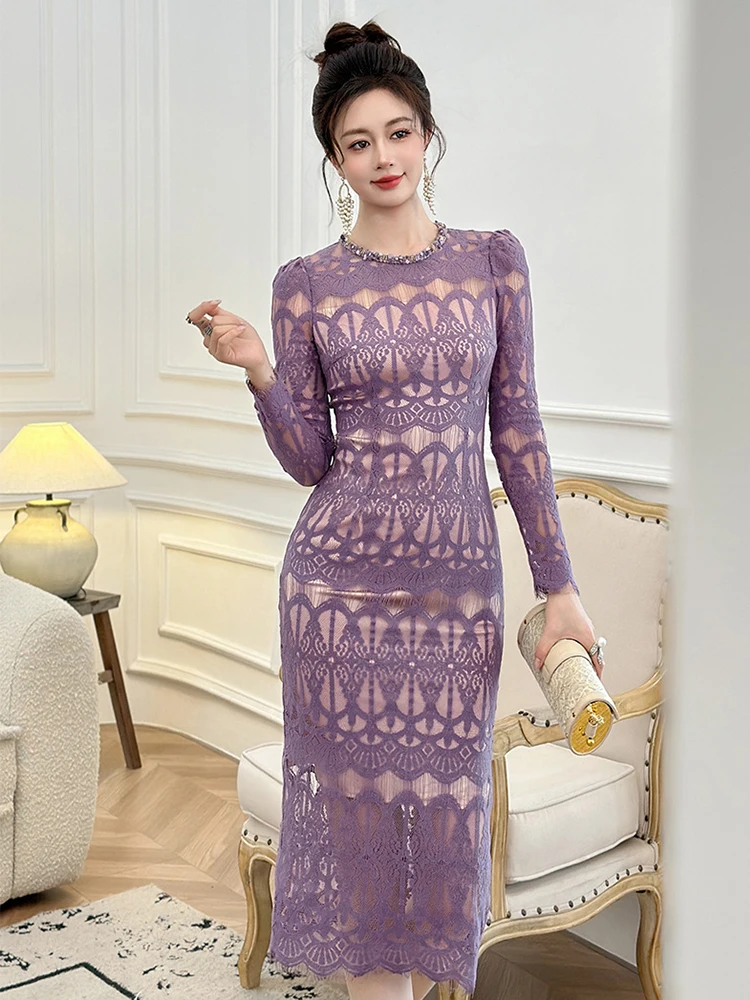 Women's Elegant Romantic Party Dress Lady Chic Sheer Lace Hook Flower Hollow Colored Diamond Neckline Robe Femme Prom Vestidos