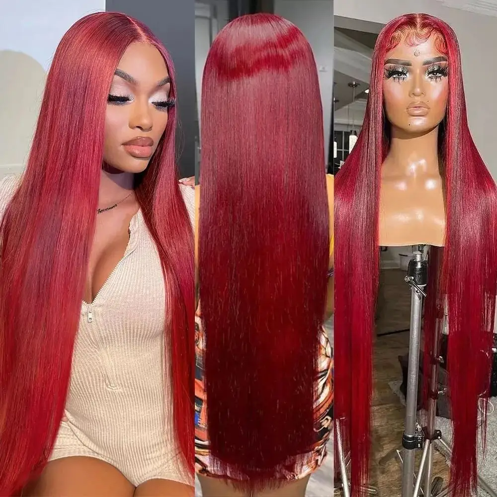 99J Burgundy Straight Hair HD Lace Front Wig Pre-Plucked Brazilian Human Hair Wine Red 13x4 Lace Frontal Glueless Vietnamese Double Drown Bone Straight Wig