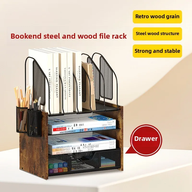 

4-Layer Mesh Desk Storage Box Wooden Desktop File Organizer with Drawers Home Office Storage Rack