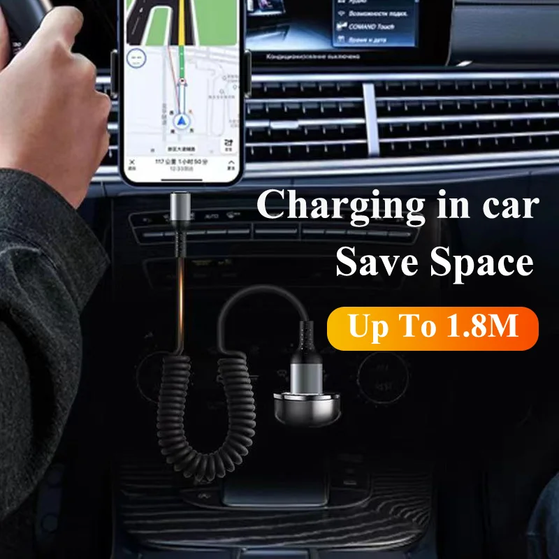 Car Type C Fast Charging Cable For iPad Mobile Phone Macbook Data Transmission Telescopic Spring Wires PD100W Dual Head Cords