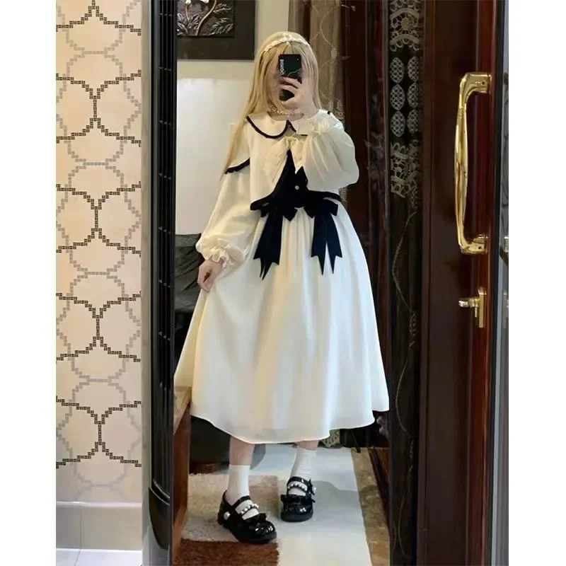 MAGOGO Elegant White Lolita Dress Set Women Long Sleeve Doll Collar Coat + Cute Bow Midi Dress Japanese Sweet College Outfit