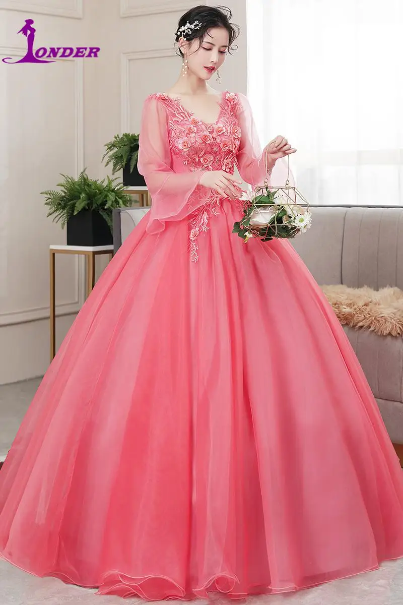 Quinceanera Kleider 2022 Vestidos Die Party Prom V-ausschnitt Langarm Ballkleid Luxus Spitze Appliques Quinceanera Kleid Host Kleid