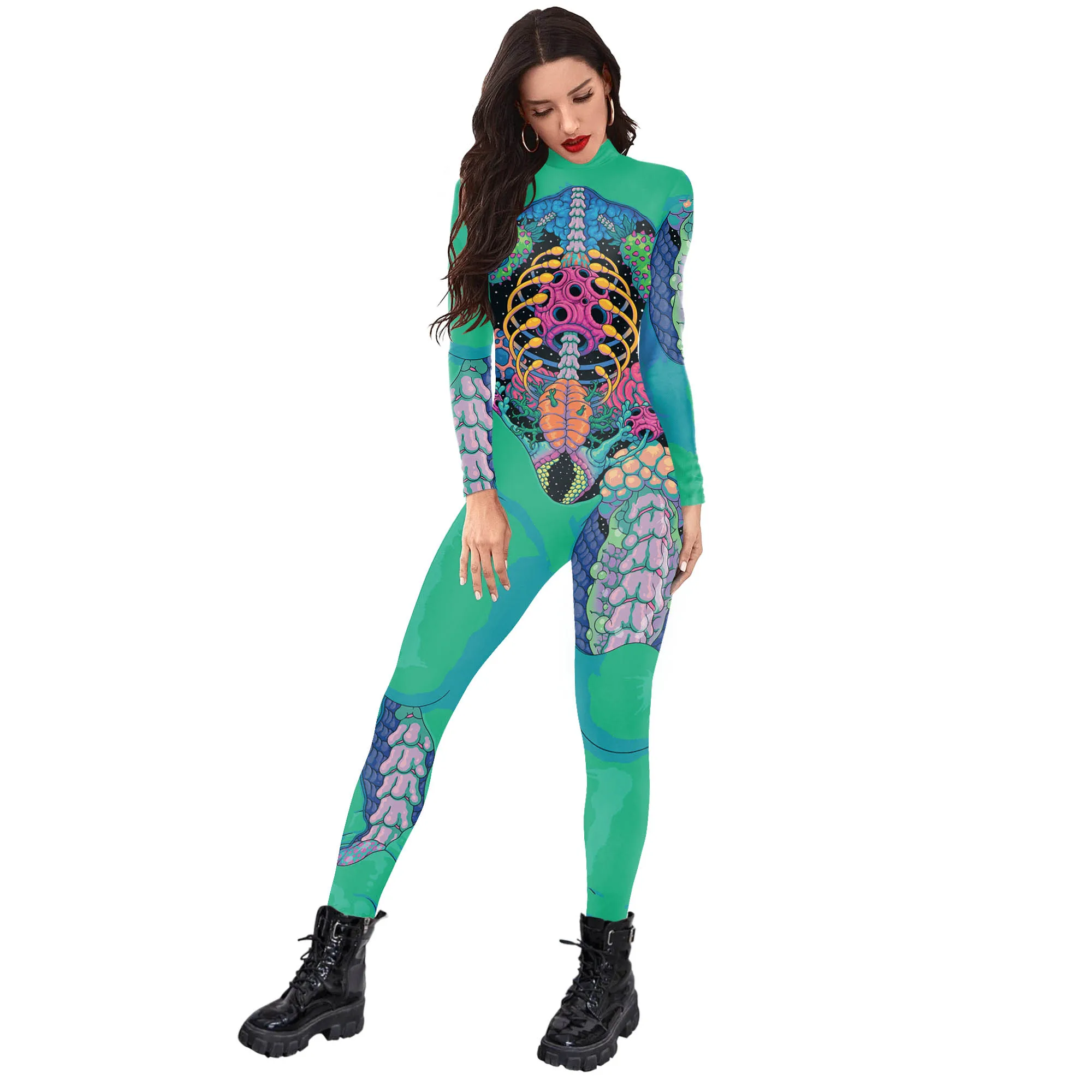 Fancy Skeleton Pattern Jumpsuit Women Green Halloween Cospaly Costume Carnival Bodysuit Party Zentai Adult Outfit Rompers