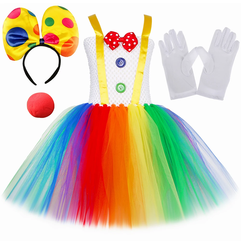 Funny Circus Clown Costume for Girls Carnival Party Tulle Dresses Naughty Joker Halloween Costume for Kids Fancy Tutu Dress Up