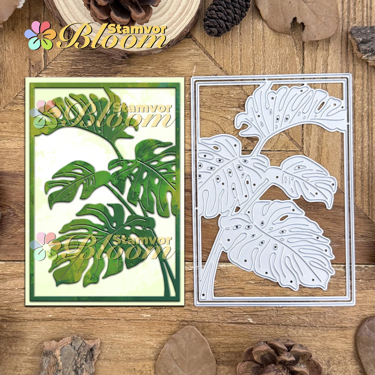 Original schöne tropische Monstera-Blätter, quadratischer Rahmen, Metall-Stanzformen, Scrapbooking, dekorative Prägung