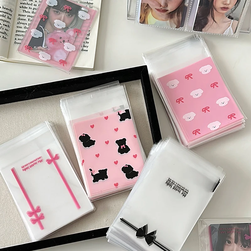 

50Pcs Bow Self-adhesive Opp Bag Transparent Photocard Card Sleeves Kpop Idol Photo Cards Protective Storage Bag