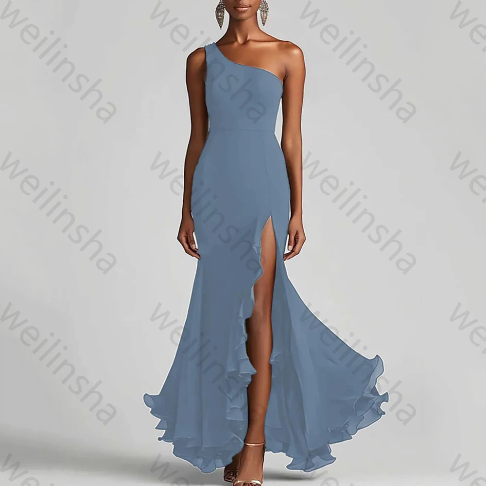 Zeemeermin een schouder chiffon avondjurken mouwloze ruches lange jurk prachtige hoge kwaliteit sexy prom feestjurk op maat