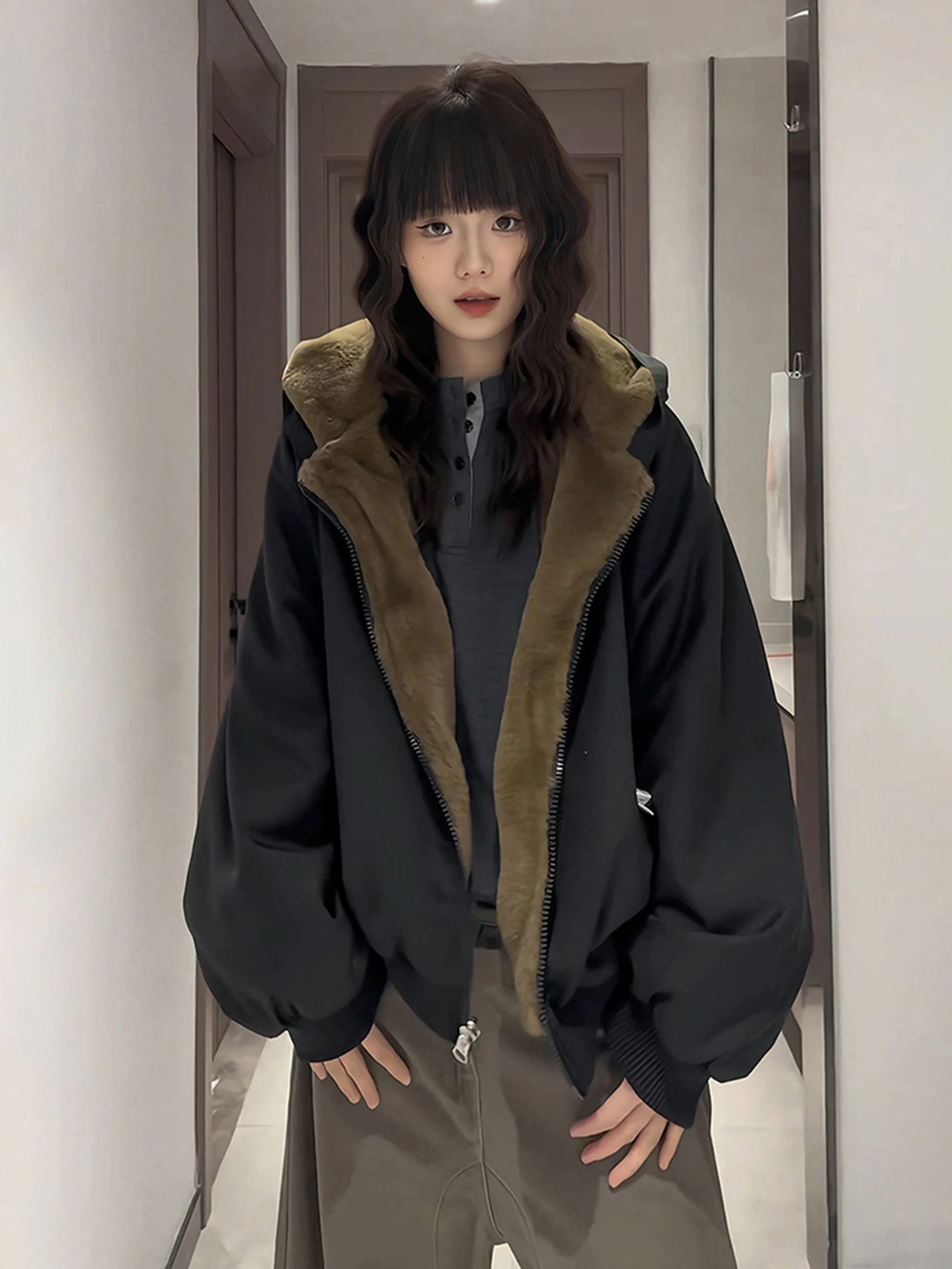 

Thiened American Sle Men's Fce Lined Cotton Jaet ort Hooded Winter Coat Warm Workwear Couple's Outerwear