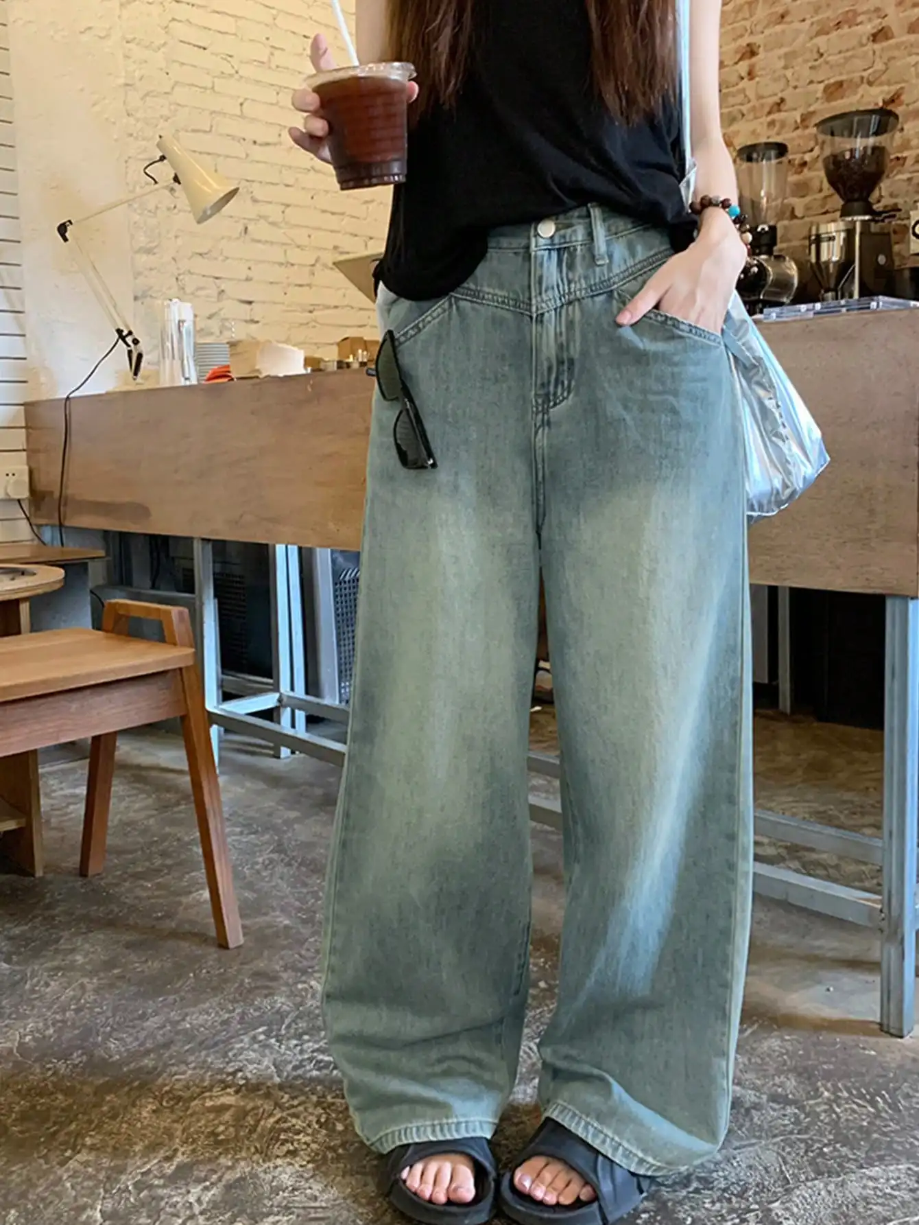 Korean Chic Autum Hong Kong Style Retro Design Straight Wide Leg Pants High Waist Slim Washed Blue Jeans for Women