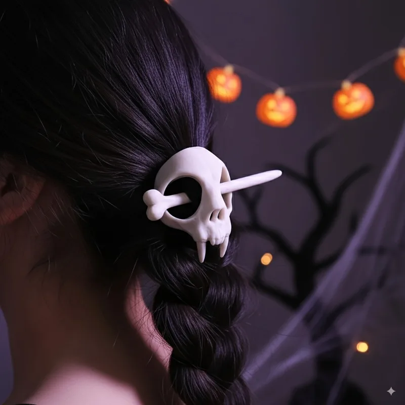 Halloween White Fangs Skull Bone Hair Stick,Gothic Punk Horror Hair Pin,Skull Hair Barrette For Halloween Cosplay Party Dress Up