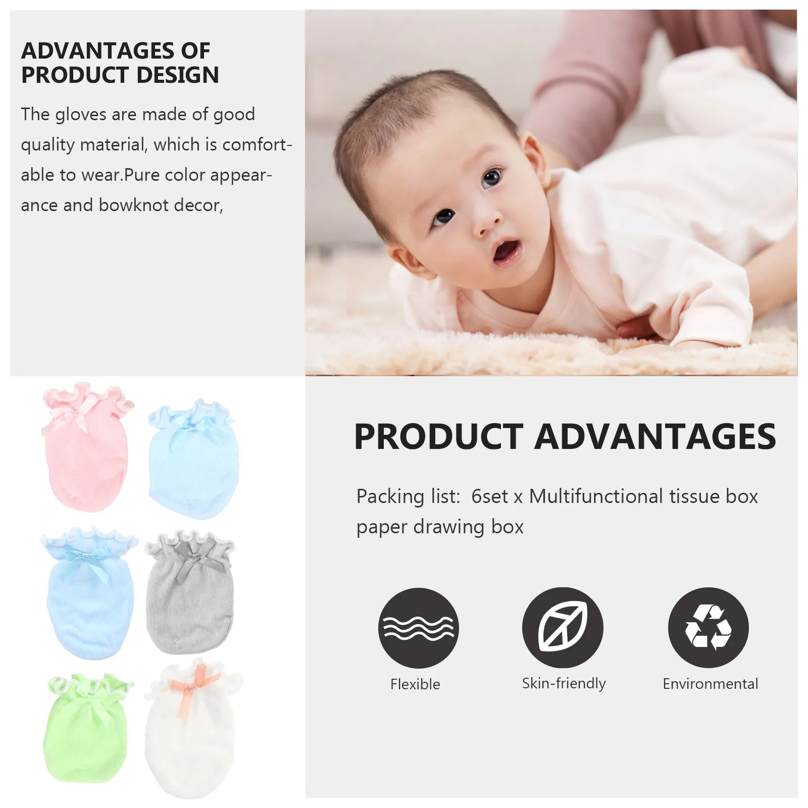 

6 пар детских перчаток против царапин, варежки для новорожденных, теплые защитные эластичные варежки с декоративным бантом, мягкие удобные варежки на каждый день