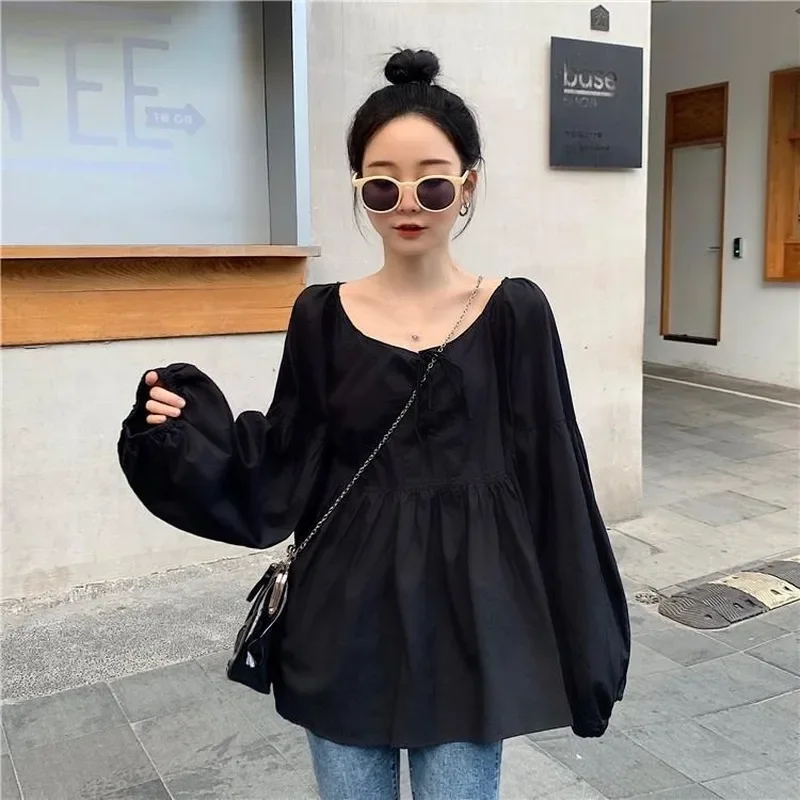 Blouse Womens Bow Criss-cross Full Puff Sleeve 2020 New Loose Chic O-Neck Soft Preppy Style Pullover Korean Trendy Simple Hot