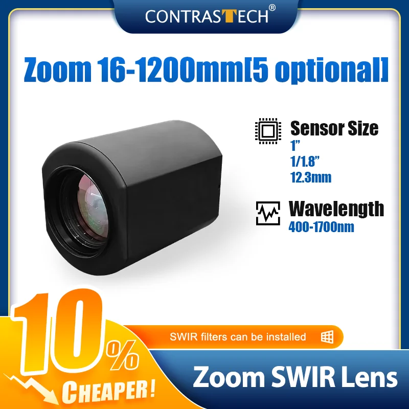 1/1.8" 1" C-Mount 16-160mm 20-750mm Zoom Vi SWIR Lens for IMX990 Camera Contrastech