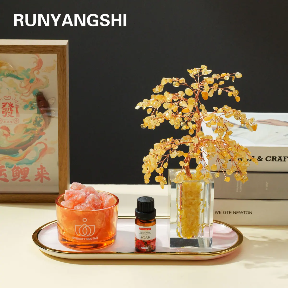 

1set Natural Crystal Money Tree – Copper-Wrapped Energy Stone with Original Stone Base, Aromatherapy & Resin Accent |Feng Shui