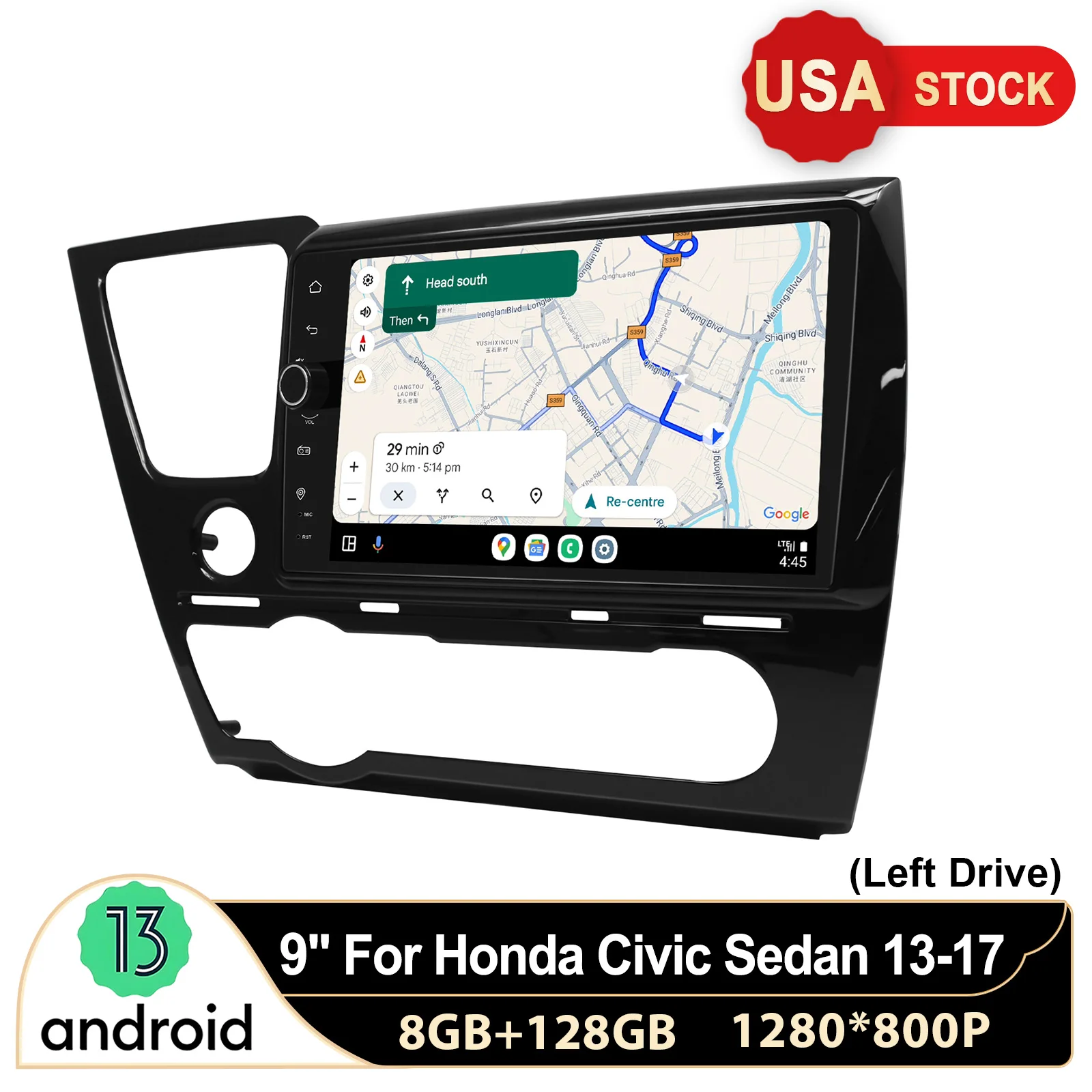 US Warehouse Car Stereo For Honda Civic Sedan 2013-2017 Android Head Unit Radio with Wireless CarPlay Android Auto Plug&Play