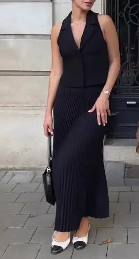 

Solid Color Lapel Sleeveless Vest and High Waisted Pleated A-Line Skirt Set for Summer Women's Elegant Slim Fit Long Skirt Set