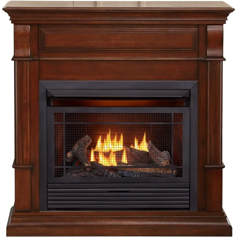 Dual Fuel Ventless Gas Fireplace System with Mantle  Thermostat Control  5 Fire Logs Use with Natural Gas  Auburn Cherry Finish