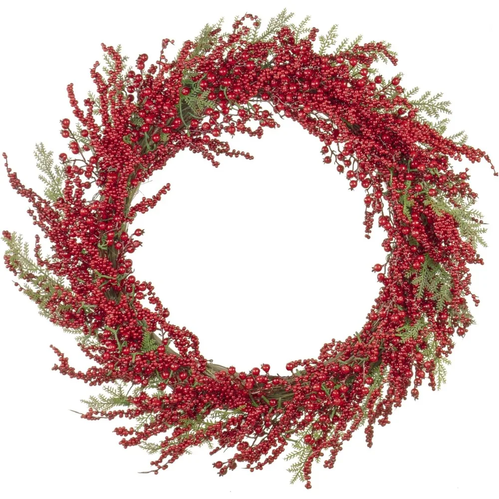 36” Light-Up Christmas Wreath with Red Cranberries, Battery-Operated LED Lights with Timer