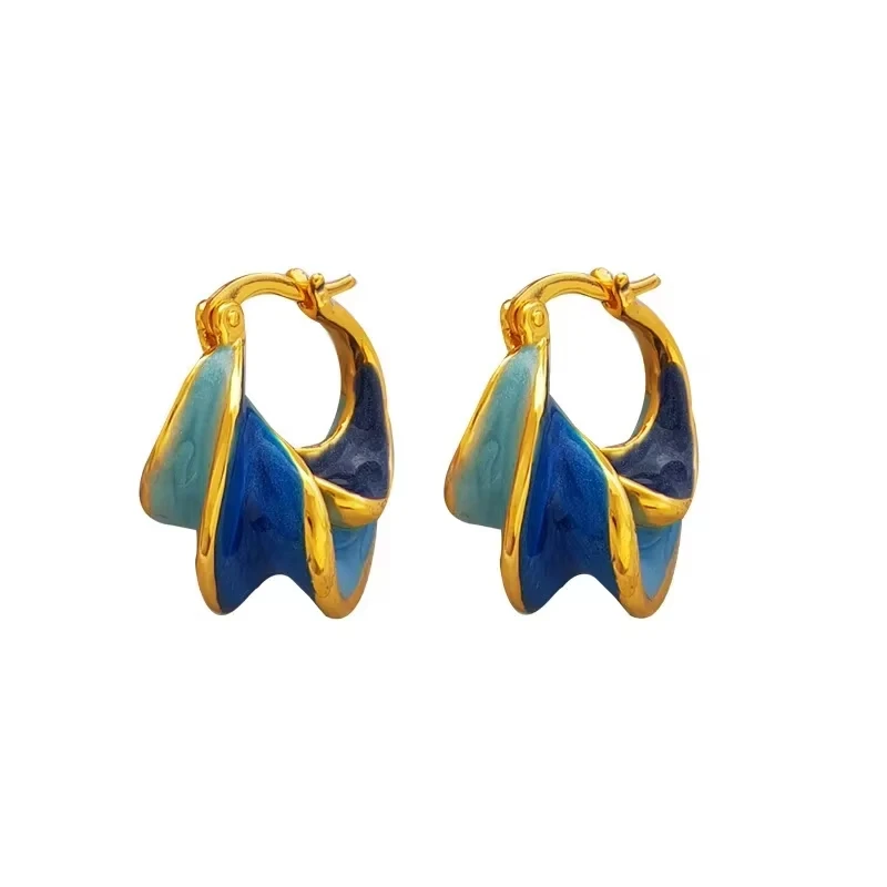 FTCY Enamel Blue Color Metal Texture Hoop Earrings for Women Retro Geometric Creative Women\'s Earrings Jewelry Gifts