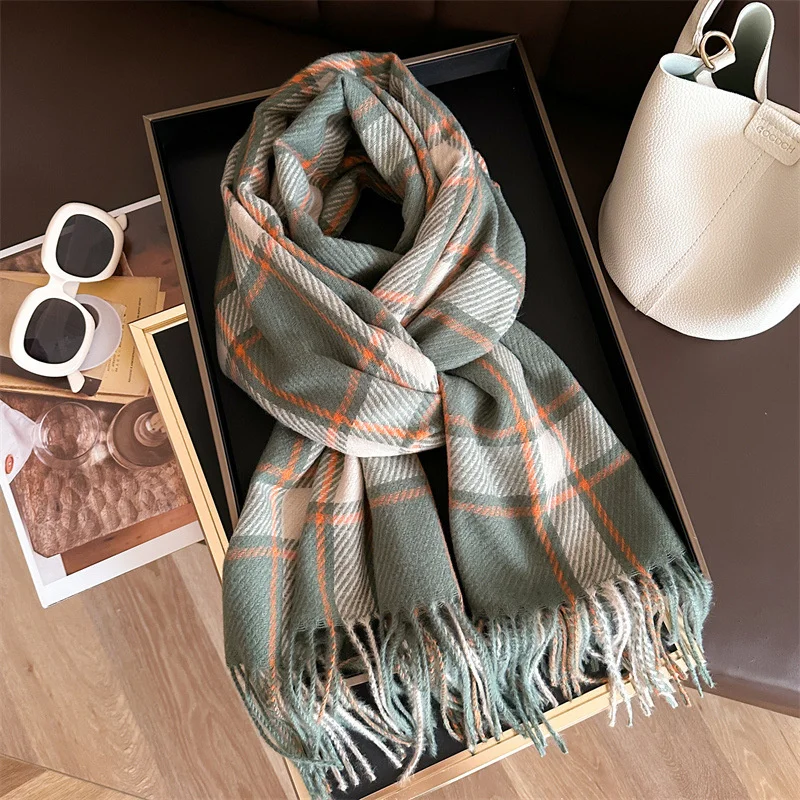 New2024 Cashmere Plaid Scarf Fashion Soft Solid Winter Thicken Big Shawl Women  Wrap Bandana Pashmina Tassel Blanket Neckerchief