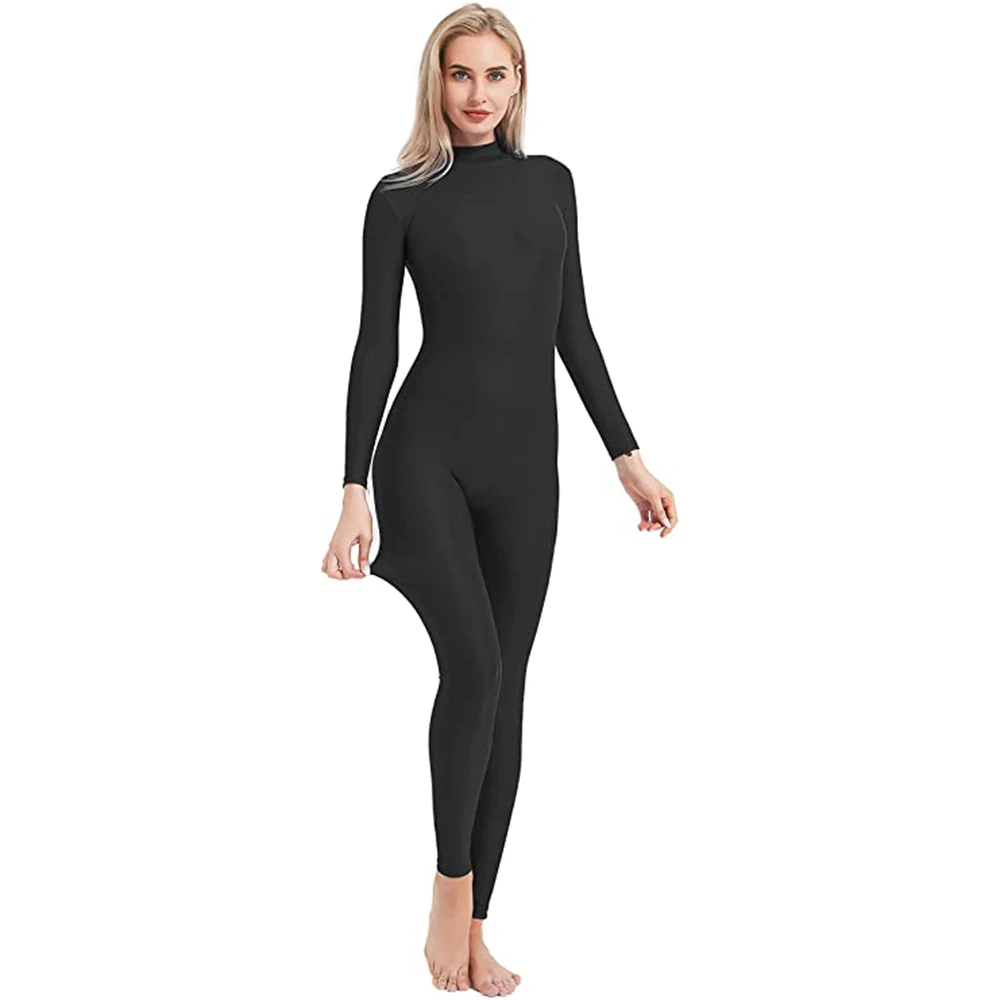 SPEERISE Women Ballet Dance Unitard Turtle Neck Long Sleeve Black Zentai Spandex Workout Full Body Jumpsuits Cosplay Costumes