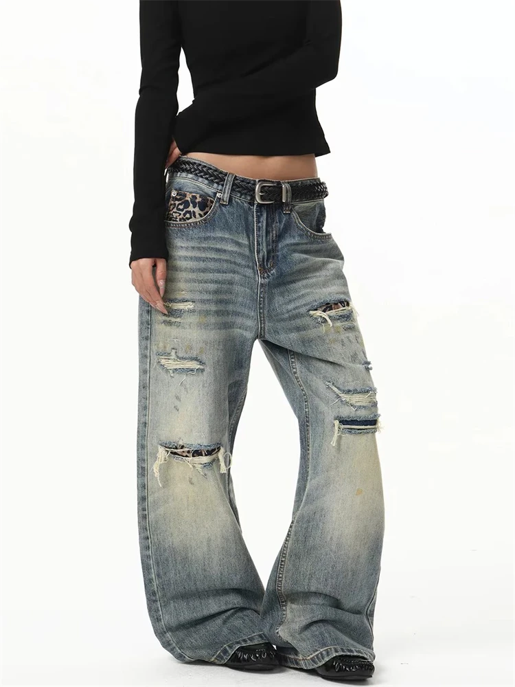 Women's Leopard Print Patchwork Ripped Jeans Casual Sweatpants Street Pants Wide Leg Bottoms Female High Waist Trousers Women