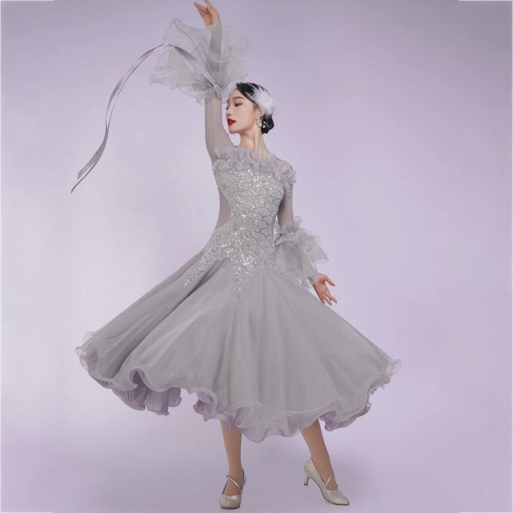 Shell Sequins Ballroom Waltz Competition Dress Gray Temperament Black V-neck Skirt Standard Ballroom Dance Pink Modern Dance