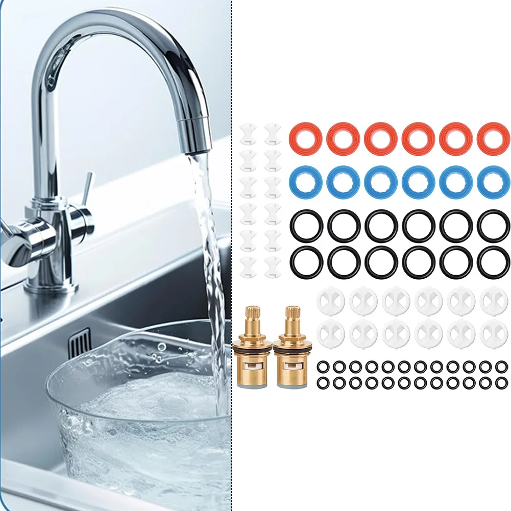 Brass Tap Cartridge Replacement Kit 2 Pack with 72 Assorted Tap Washers and Silicone O Rings for General Household Tap Use