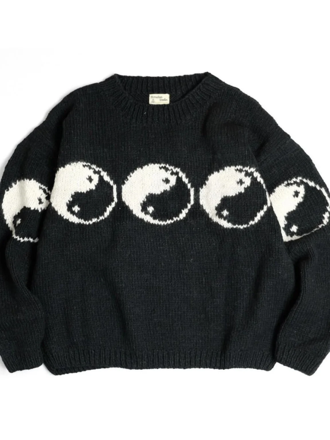 Handmade Oversize Woolen Sweater Coat Tai Chi Pattern mahon Coarse Needle Knitted ex Long Sve round Ne Winter Jaet