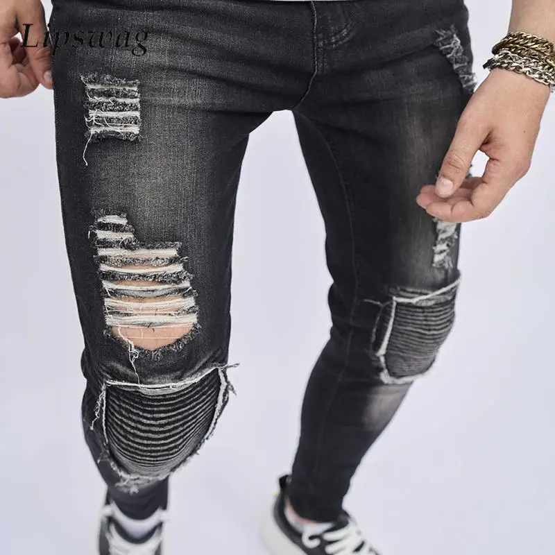 

Casual Elastic Slim Fit Denim Pencil Pants Men Streetwear Fashion Ripped Skinny Jeans Mens Spring Summer Vintage Patchwork Jeans