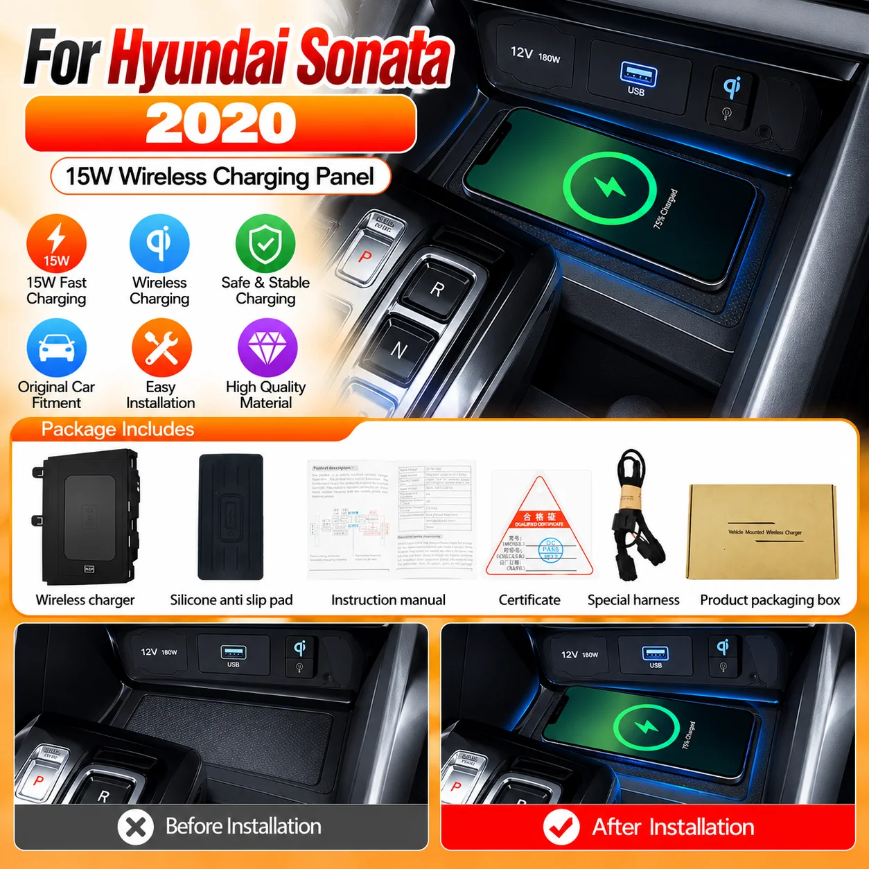Center Console Wireless Charging Panel For Hyundai Sonata 2020 15W Fast Phone Charger Interior Upgrade Accessories