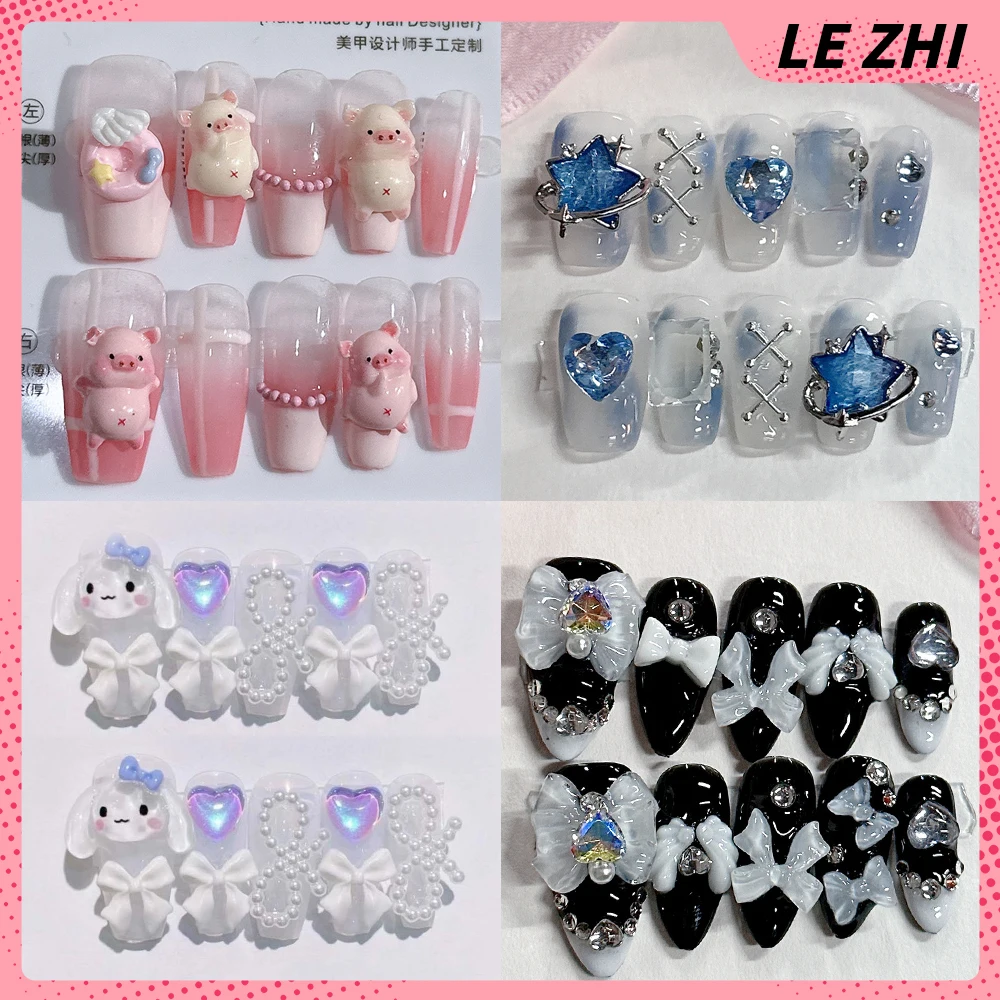 3D Cartoon Cinnamoroll Rabbit Women Wearable False Nails Luxury Diamond Bowknot Design Nice Birthday Present Full Cover Nail Tip