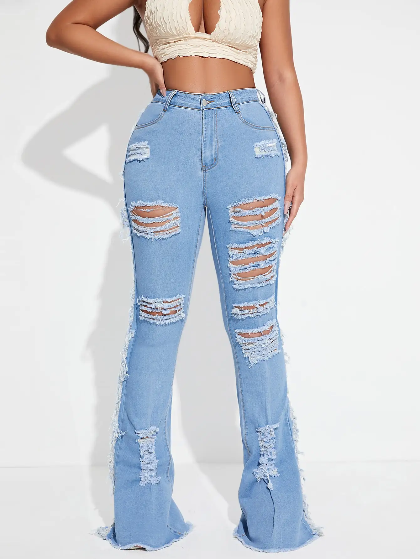 Women's jeans pants trendy street casual cut holes high waist jeans Bell-bottoms