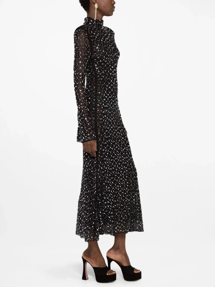 Sexy Turtleneck Long Sleeve Mesh Sequined Diamond Maxi Dress Women Black Bright Rhinestone Bodycon Celebrity Evening Party Gowns